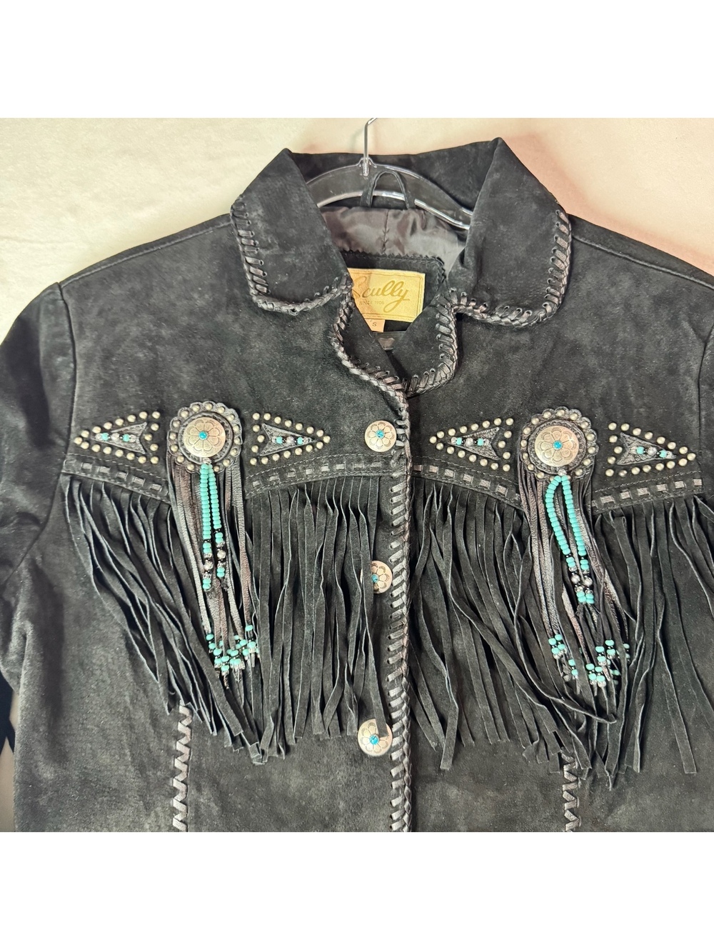 Scully Women's Black Suede Leather Fringe Jacket with Turquoise Beaded Accents
